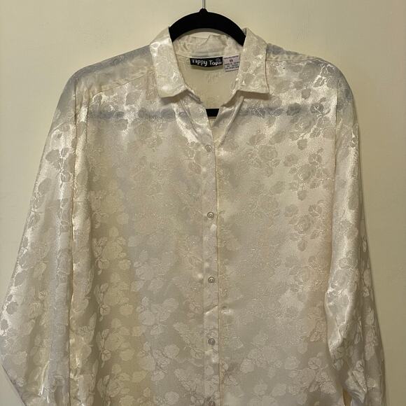 Vintage XL 1990s long sleeve floral blouse button up metallic yellow AOP rose - Picture 2 of 7